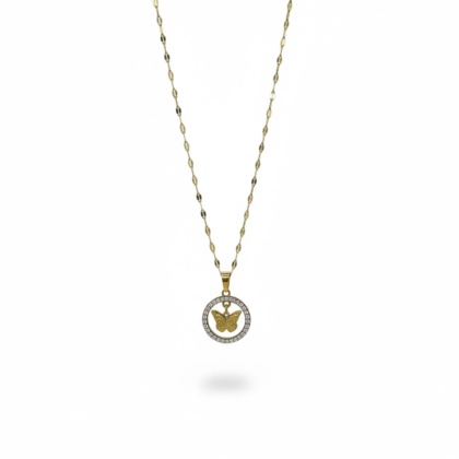Gold Butterfly Pendant Necklace with Crystal Circle